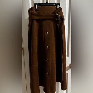 Marc New York faux suede chocolate brown midi skirt w/ gold belt and details
